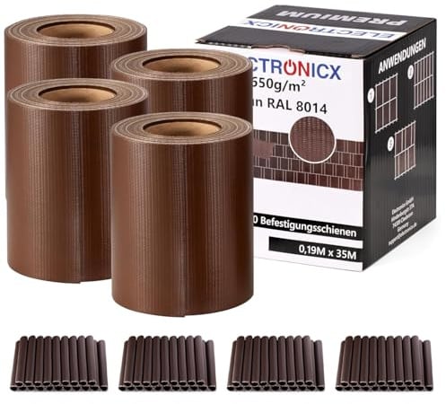 Electronicx Premium PVC Sichtschutzstreifen RAL 8014 Braun Hochwertige Zaunfolie Doppelstabmatten 140m (4x35m) x 19 cm 650g/m² UV-beständig, extra langlebig, Blickdicht 80 Befestigungsclips