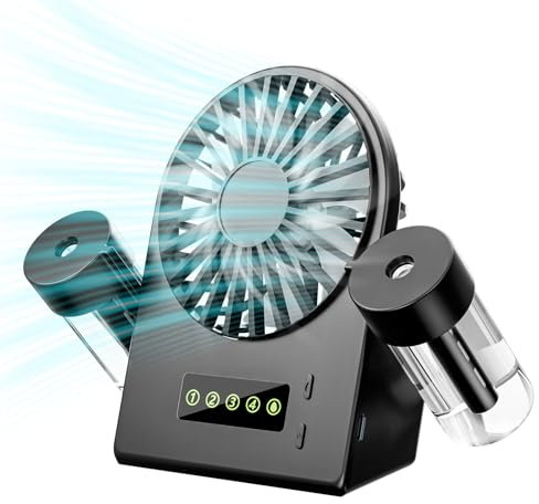 JIZZU USB-Tischventilator mit 2 Sprühgeräten, tragbarer Mini-Ventilator mit 4 einstellbaren Windgeschwindigkeiten, kleine Ventilatoren mit LED-Display, für Zuhause, Büro, Schwarz