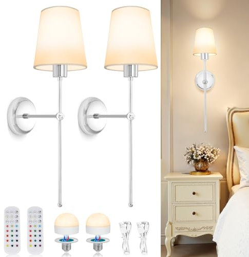 Dehobo Battery-Operated Wall Sconces, Rechargeable LED Wall Lights Set of 2, Dimmable Wireless Lamp with 3 Color Temperature, 12 RGB and Remote for Bedroom Living Room Hallway - Silver