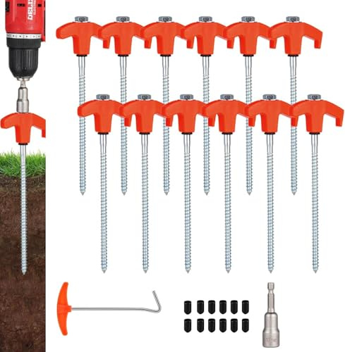 12 Pack Zeltpfähle Heavy Duty, 20 cm Bodenanker zum Einschrauben, Metallpfähle mit Sechskantschlüssel, Camping-Zelt-Zubehör (Orange)