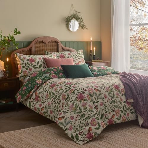 furn. Wylder Nature Beatrice Bettbezug-Set – Wendbarer Blumen-Vintage-Landschaftsdruck mit Rotkehlchen-Detail (Mehrfarbig – Kingsize)
