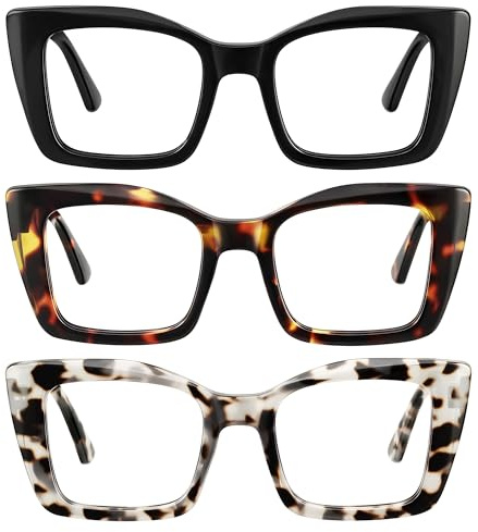 kunchu 3 Pack Reading Glasses for Women Oversized Square Reading Glasses Blue Light Blocking Spring Hinge Readers(MIX,1.5x)