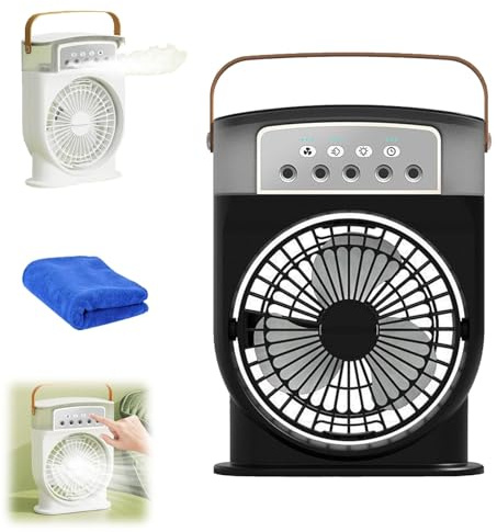 Hydrochill Cooler, Hydrochill Fan,Five-Hole Mini Water Mist Spray Fan with Tank & LED Nightlight,180° Wide Angle,3 Wind Speed,Timer Function,Protable Desk Cooler for Home Office (Black, Rechargeable)