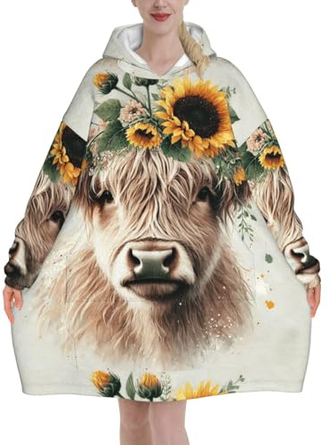 Highland Cow Sunflower Wearable Oversized Flannel Blanket Hoodie For Adults, Long Sleeve Hooded Blanket Sweatshirt