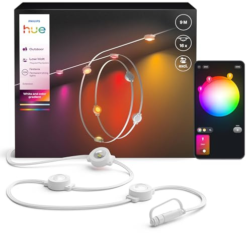 Philips Hue Festavia Permanent Außenlichterkette, Erweiterung, 9m, dimmbar, wetterfest, wasserdicht, weißes und farbiges Ambiente, weißes Kabel