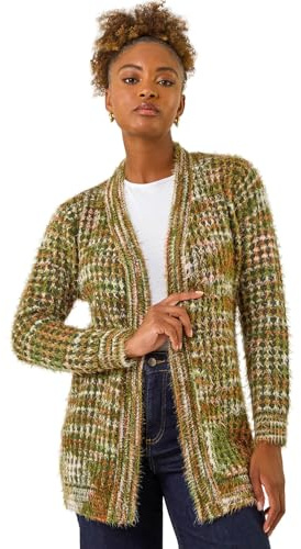 Roman Women Fluffy Cardigan Ladies Winter Cardi Longline Edge to Edge Ombre Coatigan Casual Sparkly Glittery Jacket Knitwear Knitted Autumn Fleecy Cosy Soft Coats - Olive - Size 14