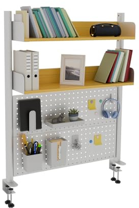 Boltmol Klemme auf 2 Tier Schreibtisch Regal, Beige 80CM, Desktop-Organizer mit Pegboard, Arbeitsplatte Lagerung Bücherregal für Haus, Büro oder Schlafsaal