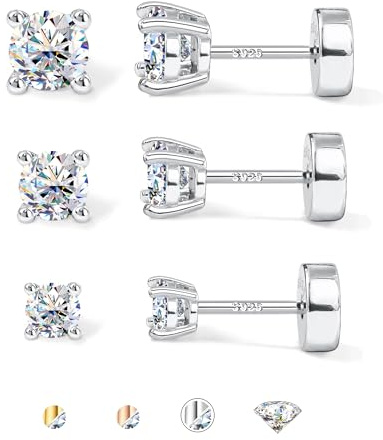 SLLAISS 3 Paare Moissanit Ohrringe Sterling-Silber 925 Moissanite VVS1 | Hypoallergen, 14K Weißgold Vergoldet Schmuck Glitzer Diamant, Herren Ohrringe Silber 925, Gold/Silber/Roségold
