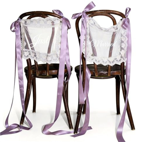 WTRYT Hochzeitsschilder 1 Paar Just Married Schild mit 4 Satinbänder Stuhlrücken Bezug Deko Spitze Stuhl Banner Stuhlschilder Hochzeit Brautpaar Stuhlhussen für Stuhldekoration Foto Requisiten