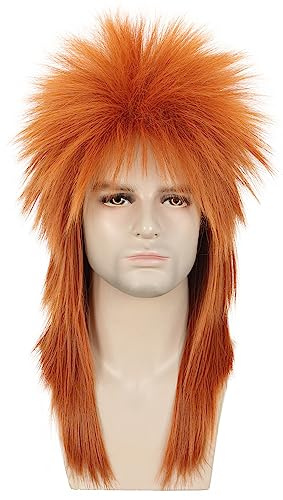 Karlery Men Women Long Straight Orange Wig 70s 80s Heavy Metal Rocker | Disco Mullet Wig