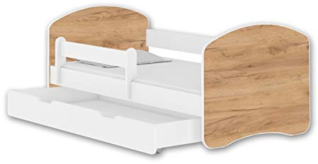 ACMA Jugendbett 160x80 cm Kinderbett mit Einer Schublade mit Rausfallschutz, Lattenrost und Matratze II Farbe Weiß - Eiche Craft, stabiles Bettmöbel für Kinderzimmer