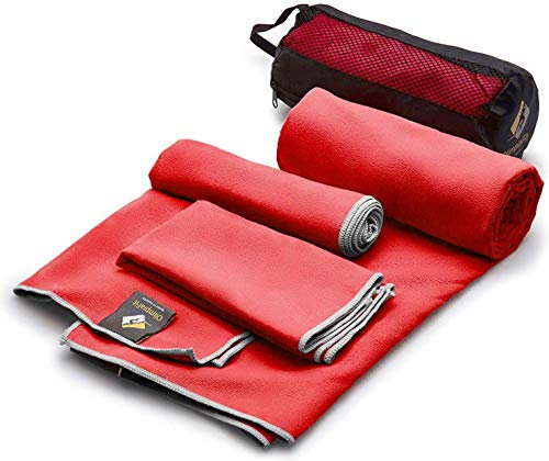 OlimpiaFit Mikrofaser Handtuch Set - 3 saugfähige Handtücher mit Netztasche - Schnelltrocknend, ultra leicht & kompakt - Camping, Sport, Strand (Rot)