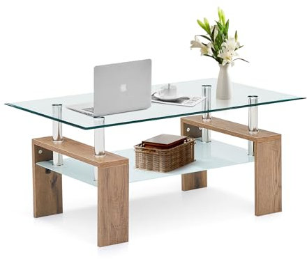 CLIPOP Moderner Couchtisch Rechteckig Gehärtetes Glas Wohnzimmer Mitteltisch mit 2 Etagen Aufbewahrungsregal und Holzbeinen, Wartebereich Tisch für Wohnzimmer Empfangstisch (Eiche)