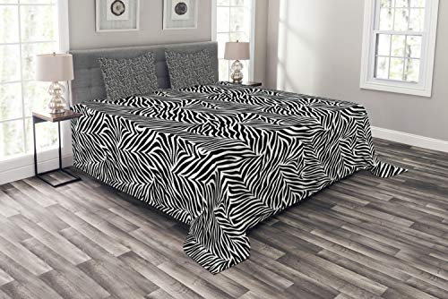 ABAKUHAUS Zebra-Druck Tagesdecke Set, Monochrome Stil Exotische, Set mit Kissenbezügen Waschbar, für Doppelbetten 264 x 220 cm,Schwarz-Weiß