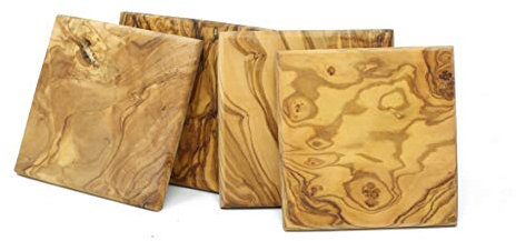 Untersetzer für Gläser Bierdeckel eckig aus Olivenholz im 4er Set 8,5 x 8,5 cm Für Becher und Tassen