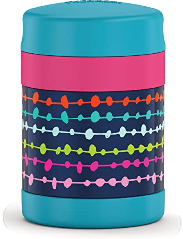 Thermos Stainless Steel Vacumm Insulated 10 Ounce Food Jar with Spoon, Navy Lines And Dots