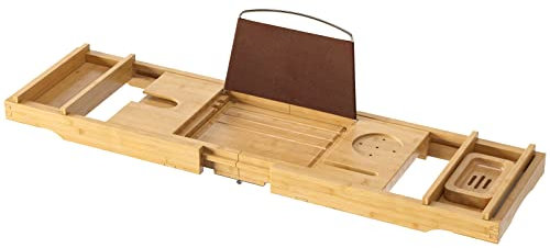 Badewannenregal aus Bambus mit Halterung für Weinglas, Getränkehalter, Seifenschale, Seifenschale, Badewannentablett, Natur