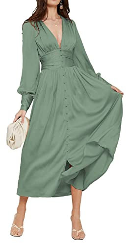 A Line Chiffon Bridesmaid Dresses Long V Neck Plus Size Long Sleeve Maid of Honor Gowns with Pockets Slit Sage Green UK24