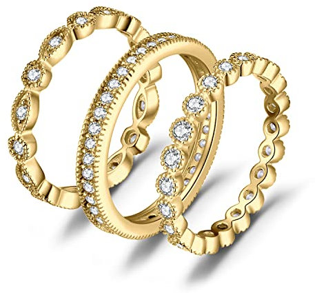 JewelryPalace 3 Éternité Band Empilable Zircone Cubique Bague Femme Argent Plaqué Or Jaune, Marquise Lot de Bague de Fiançailles Femme, Infini Bague Anniversaire Mariage Promise Alliance, Bijoux Femme