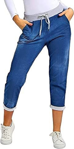 Chilgoza Women’s Ladies Denim Joggers Star Printed Sweatpants Floral Ribbed Waistband Trousers Ladies Casual Summer Italian (Denim, 16-18)