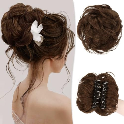 RUWISS Krallen Clip Messy Bun Haarteil Echthaar Wellig Lockig Chigno Haardutt Haarverlängerung Hochsteckfrisur Clip in Claw Pferdeschwanz Haarteile Haar Scrunchies für Damen(Mittelbraun)