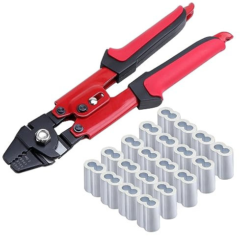 WiMas Standard Wire Rope Crimping Cutting Tool, 1/16 Inch Carbon Steel Crimping Tool with 100 PCS Aluminum Double Barrel Ferrule Crimping Loop Sleeves