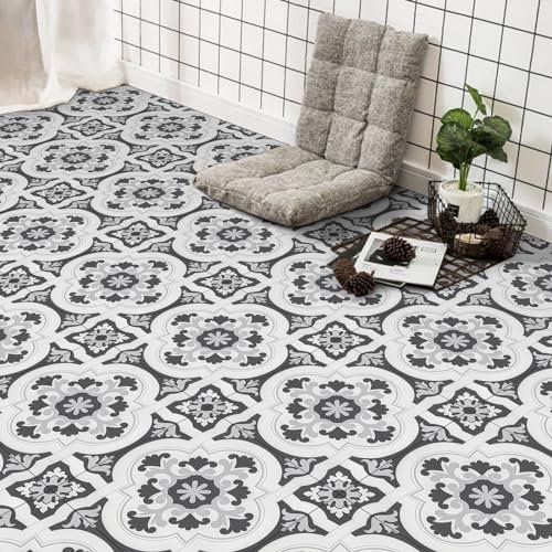 Elffloor Peel and Stick Floor Tiles, Vinyl Flooring Self Adhesive Floor Tile, Waterproof Stick on Bathroom Kitchen, Grey PVC Material 30X30cm 10pcs