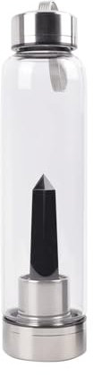 Queemie Noir Quartz Cristal Eau Bouteille, Acier Inoxydable Verre Noir Obsidienne Pierre Précieuse Obélisque Baguette Énergie Coupe Sport Tasse, Naturel Bien-être Guérison 550ml