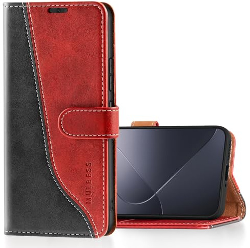 Mulbess Handyhülle für Xiaomi 14 Hülle Leder, Magnet Klapphülle, Lederhülle mit Kartenfach, Flip Case Etui Handytasche Schutzhülle, Stilvoll Wein Rot