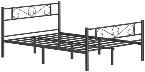 VASAGLE Bett 140 x 200 cm, Gästebett, Doppelbett aus Metall, Bettgestell, Bettrahmen, Metallbett, einfache Montage, tintenschwarz RMB064B01
