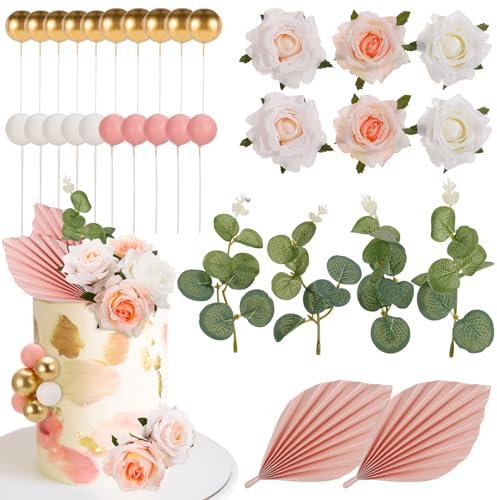 Invalidism 32 Pcs Cake Toppers Decorations Set, Gold Balloon Cupcake Insert Toppers Paper Palm Fan Toppers Pink Artificial Rose Flowers Party Cake Decorations for DIY Wedding Birthday Party Favors