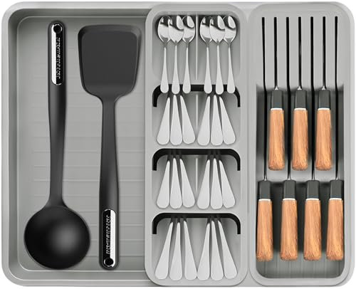 LPAOIS Range Couverts pour Tiroir,Rangement Couverts Tiroir Cuisine,Range Couverts Ajustable 43,5 x 40 x 5 cm,Rangement Couverts pour Couverts,Cuillères,Fourchettes,Couteaux - Grand - Gris