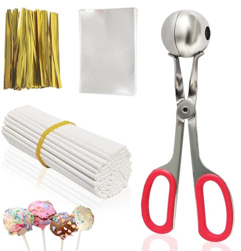 Cake Pop Sticks and Wrappers,Cake Pop Maker Set Include 100 Cake Pop Bags,Lollipop Sticks and Gold Metallic Twist Ties Meat Baller with One Handles Cake Pops Making Tools for Candies and Chocolates