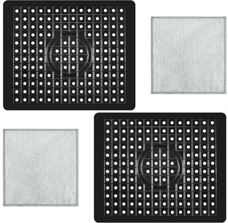 2 alfombrillas de goma para fregadero de cocina, 32 x 26,2 cm, protector de fregadero reutilizable con 2 paños de hilo plateado para cocina y baño