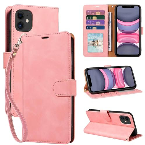 GOTOURED for iPhone 11 Wallet Case, [RFID Blocking 4 Card Slots] [Wrist Strap] [Kickstand] [Magnetic Closure] Shockproof Protective Soft Leather for iPhone 11 Flip Cases Cover (Pink)