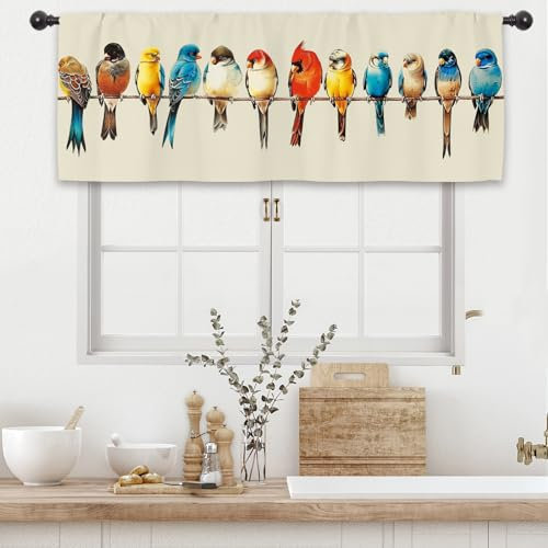 Kalmico Bunte Küchengardine mit Vogelmotiv, 137 x 45,7 cm (B x L), Vintage-Stil, Stangentasche, kurzes Café, kleine Fensterbehandlung, Vorhänge, Dekoration