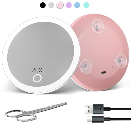 Suupvaor Specchio ingranditore con luce, specchio ingranditore 20x con ventosa, tascabile da viaggio 10 cm, batteria ricaricabile, luminosità regolabile, con forbici, rosa