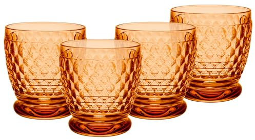 Villeroy & Boch Boston Apricot Becher 4er Set, 330 ml, Farbige Trinkgläser mit Facettenmuster, Becher aus Kristallglas für Heiß- und Kaltgetränke, Spülmaschinengeeignet, Orange