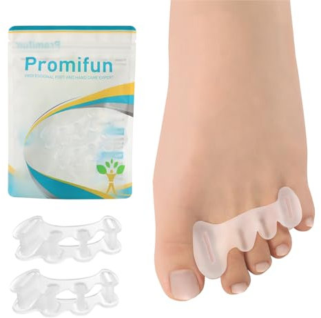 Promifun Zehenspreizer, 1 Paar weiche Gel-Zehenpolster zur Ballenkorrektur, Zehenstretcher zur Linderung von Plantarfasziitis, Krallenzehen, Fußschmerzen bei Männern und Frauen (Klar + L)
