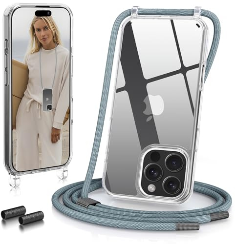 GOODVISH Handykette für iPhone 16 Pro Hülle mit Band, PineGrün | Kameraschutz und Bildschirmschutz, Transparent Necklace Handyhülle Schnur Schutzhülle für Umhängen Case mit Kordel 6.3