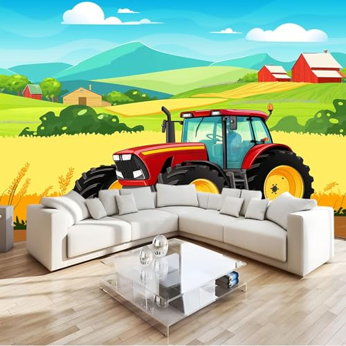 Tapete 3D Fototapete Cartoons Traktoren Bauernhöfe Kinderzeichnungen 350x256 cm Vliestapete Wandtapete Wandbilder 3D Druck Foto Tapeten für Wohnzimmer Schlafzimmer Vlies Tapete Motivtapeten