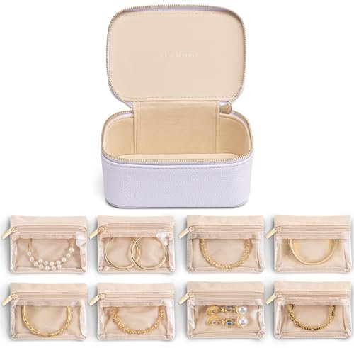 Vlando Jewellery Box, Litchi Pattern Jewellery Organiser,Travel Jewellery Storage with 8 Velvet Jewellery Pouches,Premium Petal Hardware Jewellery Case,Purple