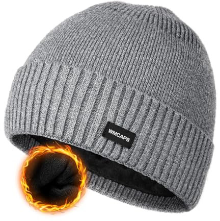 Wmcaps Winter Beanie Mütze, Wintermütze Herren mit Bündchen und Dickem Warmem Futter Wollmütze Strickmütze Bequeme Weiche Stulpenmütze Ideal für Outdoor Aktivitäten Geschenke für Männer Frauen, Grau