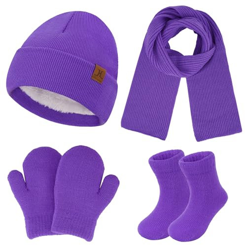 4 Stück Winter Warm Kinder Mütze Handschuhe Schal Socken Set Fleece Gefütterte Beanie Wintermütze Strickmützen für 0 6 12 Monate Baby Kleinkinder 1 2 3 4 Jahre Mädchen Jungen Geschenke, Lila