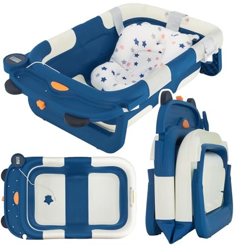 ALMAR Baby Bañera Plegable Bebé hasta 12 meses Azul Marino con Termómetro Cojin Reductor para Recien Nacido con Patas Antideslizante Indicador de Temperatura Super Compacta