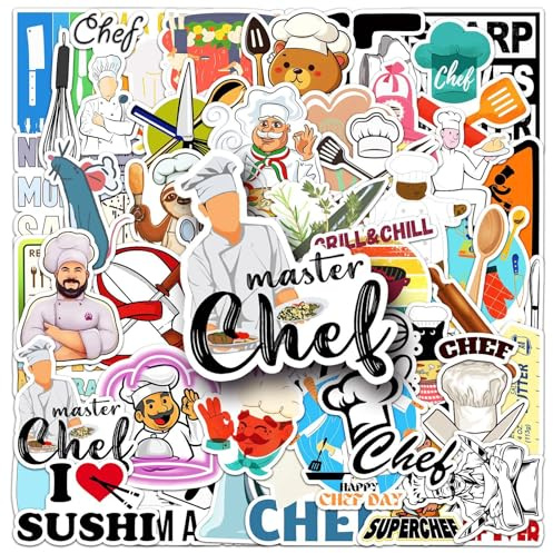 TUIOBUN 50Pcs Chef Career Stickers for Water Bottle,Bike,Scrapbook,Laptop,Luggage,Car,Helmet,Cute Chef Vinyl Waterproof Sticker,Adults Children Boys Gift,Cooking Food Cartoon Aesthetic Graffiti Decal