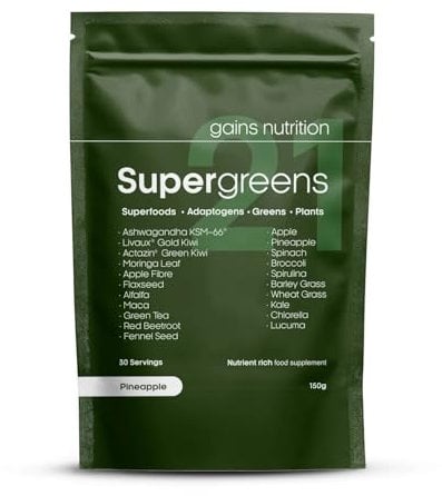 GN Super Greens 21 Powder (150g) with KSM-66 Ashwagandha, Actazin & Livaux Golden Kiwi, Alfalfa & More | Superfood - Pineapple Flavour Supergreens | Made in The UK