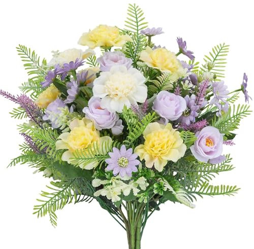 Zythrem Artificial Flowers Yellow Fake Carnations Mix Rose Daisys Carnations Flowers Bouquet Purple Faux Silk Rose Flower for Wedding Home Kitchen Table Decor