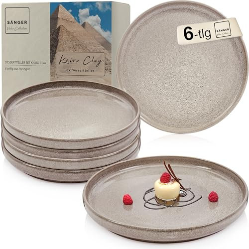 Sänger Kairo Clay | Dessertteller 6 teilig, Steingut Frühstücksteller 6 Personen, kleine Teller spülmaschinenfest mikrowellenfest multifunktional, Steingut Geschirr, Grau | VALUE COLLECTION