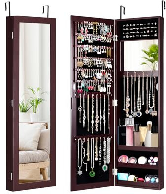 HOMFME Armoire a Bijoux avec Miroir Psyché Mural et Grand Espace de Rangement pour Colliers, Bagues, Armoire de Rangement avec 2 Modes d’Installation, 32 x 9 x 110,5 CM, Idéal pour Maquillage